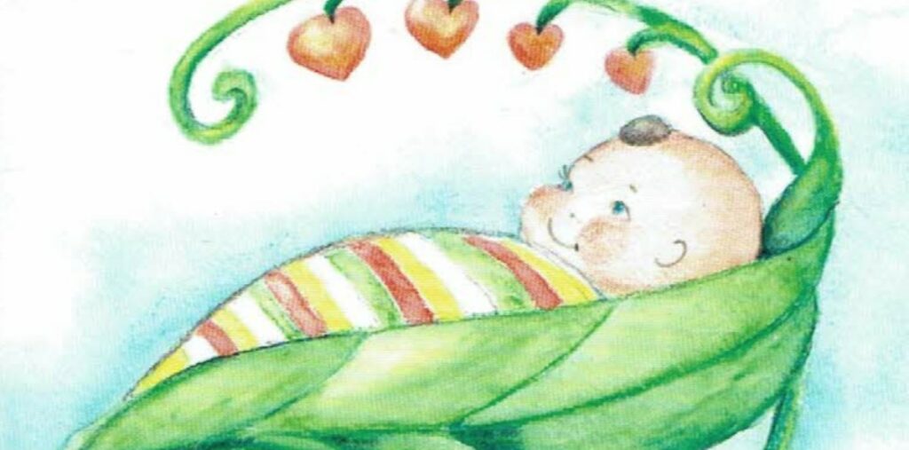 Ein gemaltes Bild zeigt einen Säugling in einem Bett aus Blättern